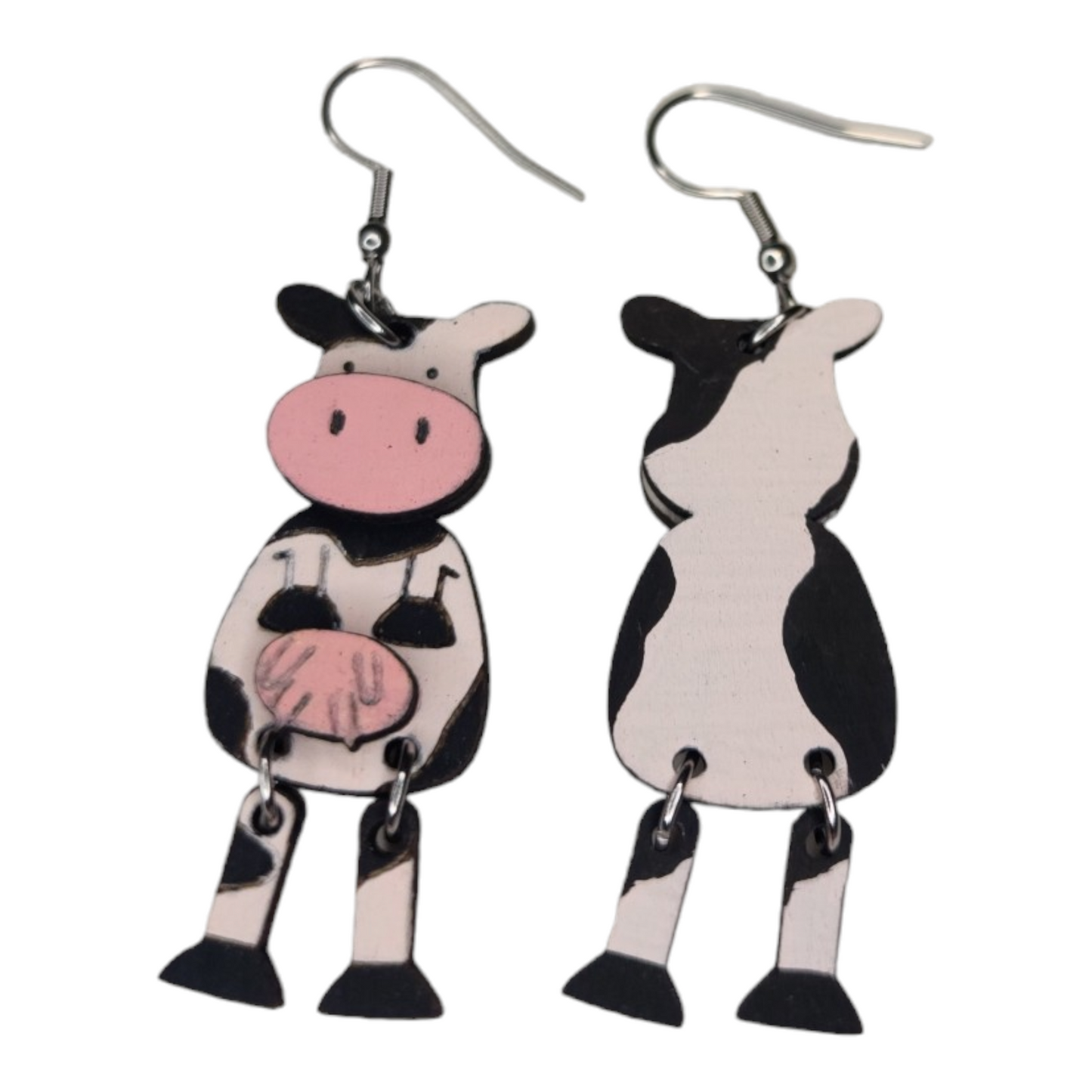 Pink Standing Jiggy Leg Cow Dangle Earring Stainless Steel Hooks