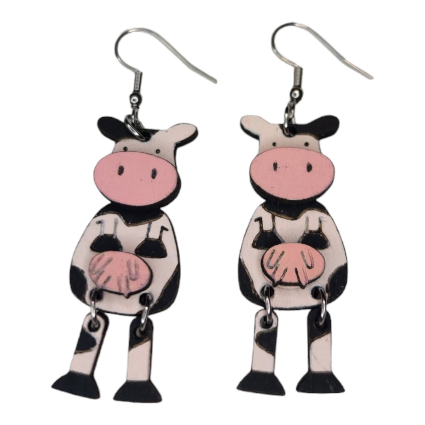 Pink Standing Jiggy Leg Cow Dangle Earring Stainless Steel Hooks