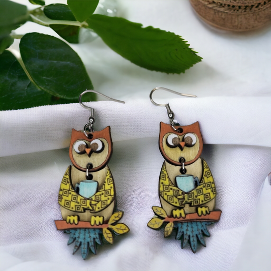 Owl with Coffee Dangle Earring Stainless Steel Hooks