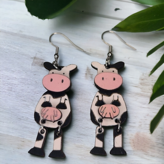 Pink Standing Jiggy Leg Cow Dangle Earring Stainless Steel Hooks