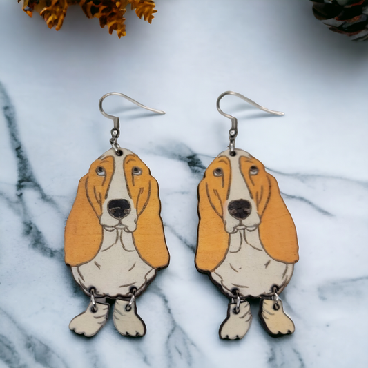 Basset Hound with Jiggly Feet Dangle Earring Stainless Steel Hooks