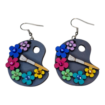 Art Paint Pallet Flowers Dangle Earring Stainless Steel Hooks