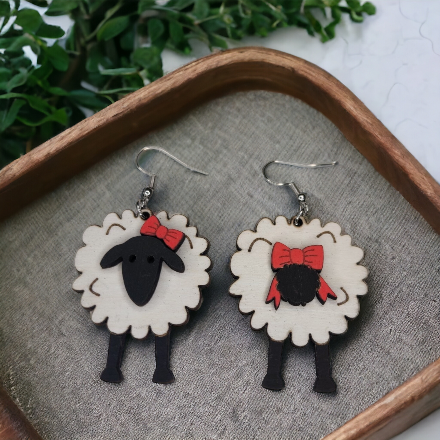 Sheep with Bow Dangle Earring Stainless Steel Hooks