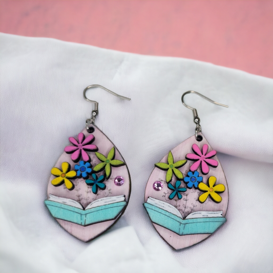 Book with Flowers Dangle Earring Stainless Steel Hooks