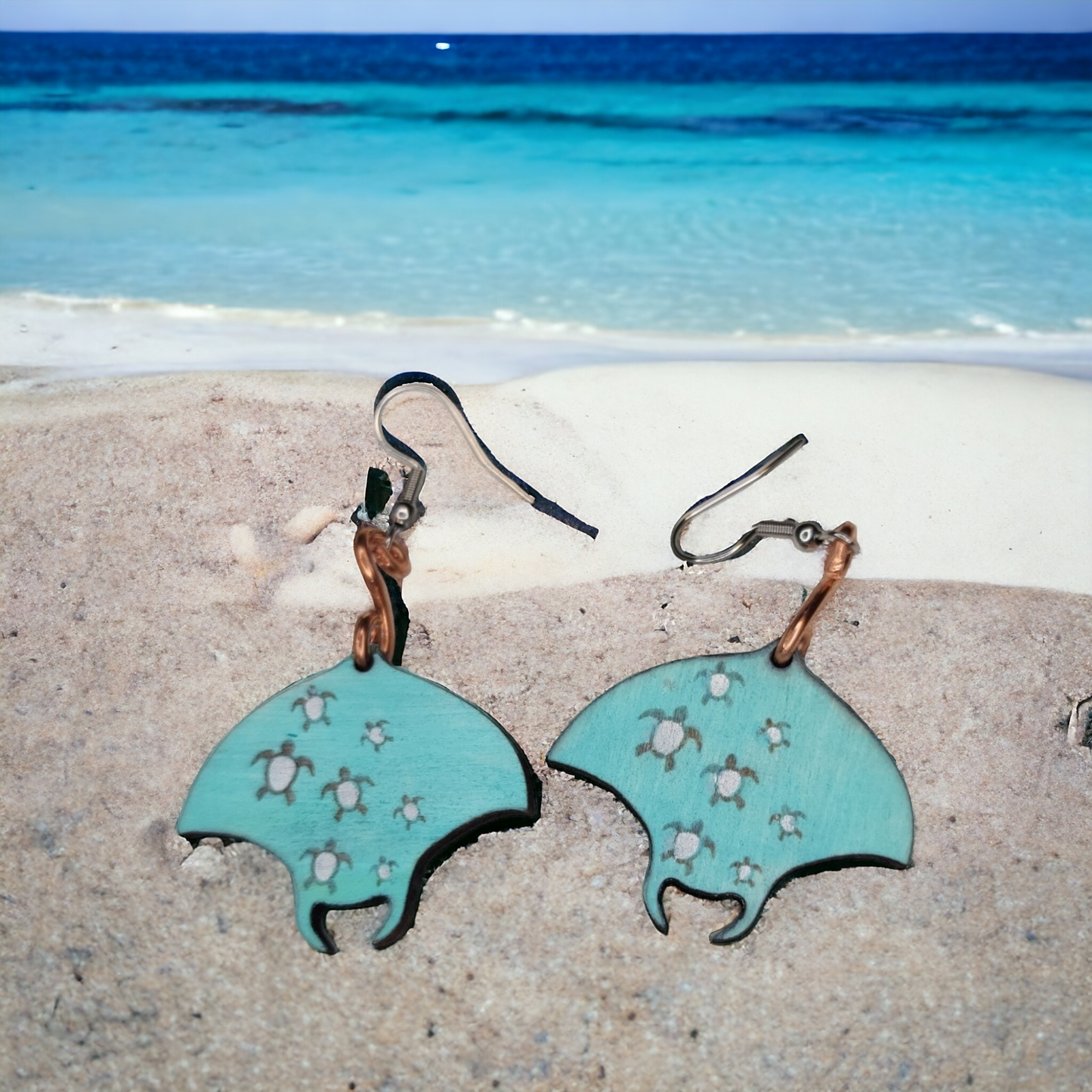 Sting Ray with Copper Wire Tail Dangle Earring Stainless Steel Hooks
