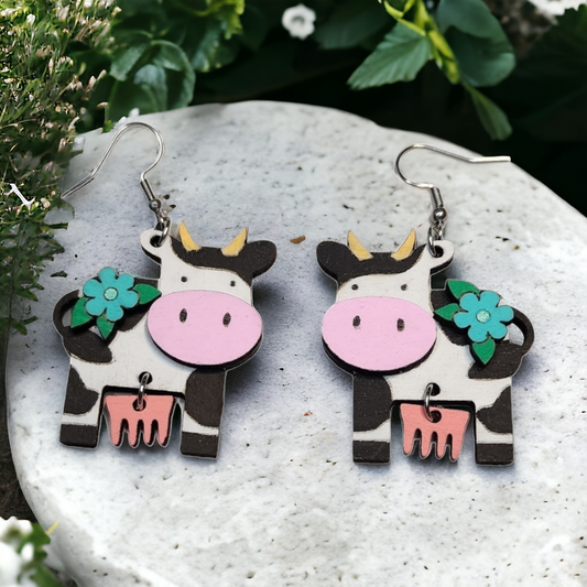 Cow w/Utter Farm Animal Dangle Earring Stainless Steel Hooks (Color Varies)