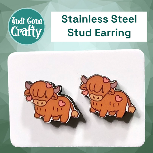 Highland Cow w/Hearts - Stainless Steel Stud Earring