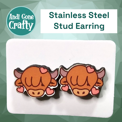 Highland Cow Head w. Hearts - Stainless Steel Stud Earring