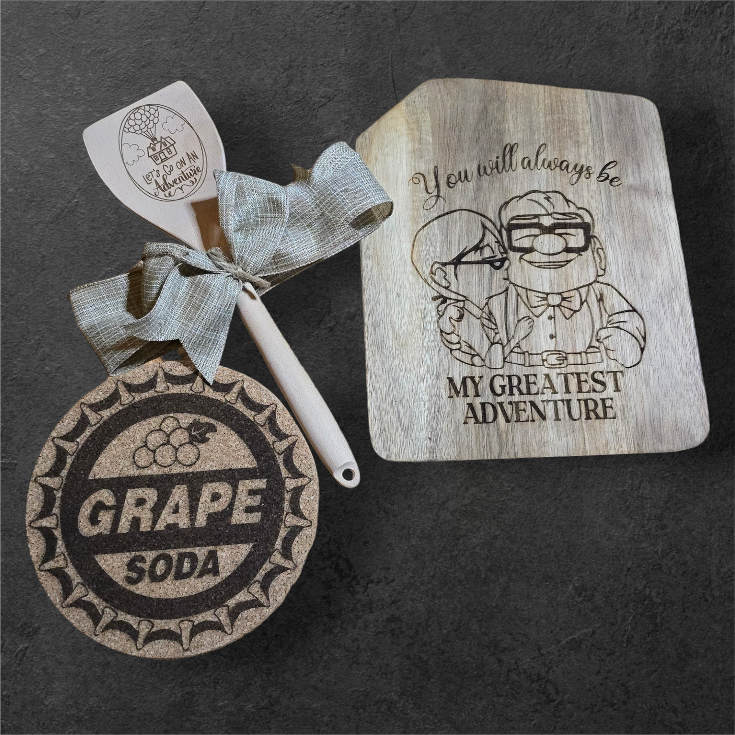 Up House - Let's Go on an Adventure - Carl & Ellie - Grape Soda Match Set [Cutting Board, Trivet, & Spoon]