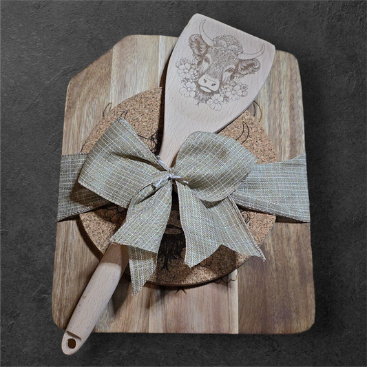 Highland Cow Matching Set [Cutting Board, Trivet, & Spoon]