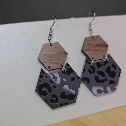 Hexagon [Half Walnut Wood / Black Cheetah Mirror Acrylic] Earrings