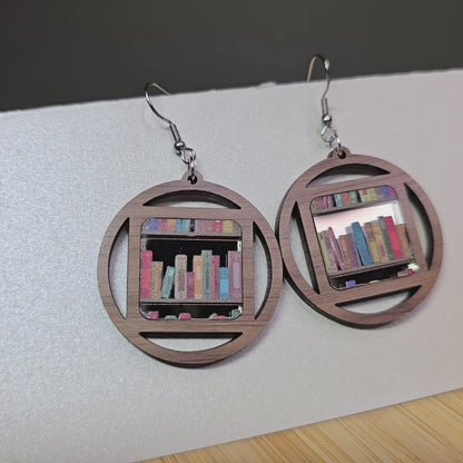 Wood Window w/Bookcase[Gun Metal Mirror Acrylic Book Inlay] Earrings