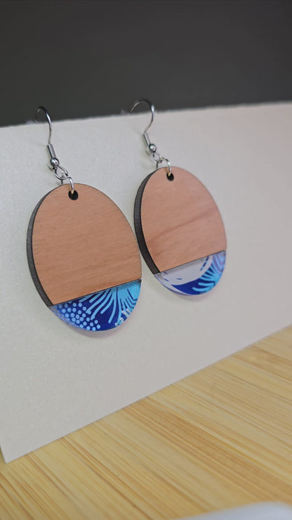 Half Wood Oval [Blue Swirl Acrylic Inlay] Earrings