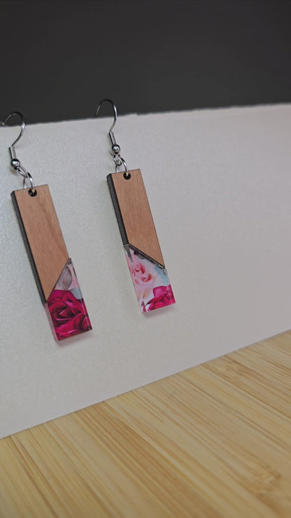 Half Wood Rectangle [Rose Acrylic Inlay] Earrings