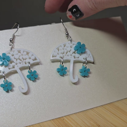 Umbrella w/Flowers [White Acrylic, Light Acrylic Flowers] Acrylic Earrings