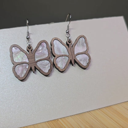 Wood Butterfly [Light Pink Pearl Acrylic Inlay] Earrings