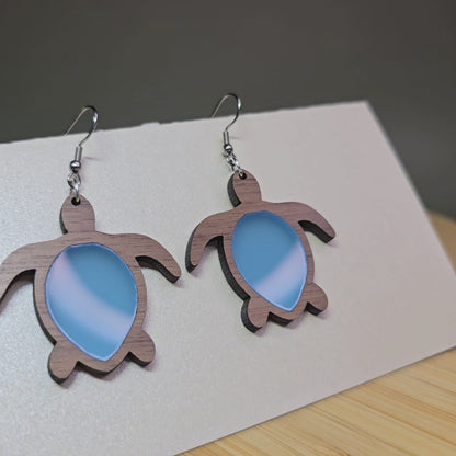 Wood Sea Turtle [Frosted Blue Acrylic Inlay] Earrings