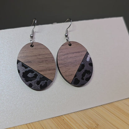 Half Wood Oval [Black Cheetah Mirror Acrylic Inlay] Earrings