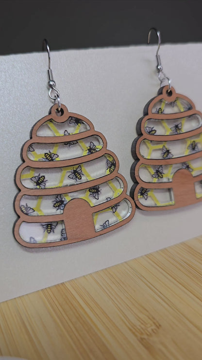 Wood Bee Hive [Bee Acrylic Inlay] Earrings