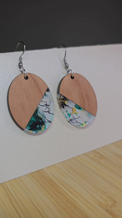 Half Wood Oval [Teal Floral Swirl Acrylic Inlay] Earrings