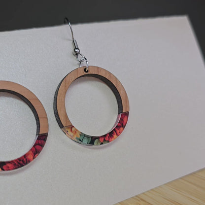 Half Wood Circle [Fall Flowers Acrylic Inlay] Earrings