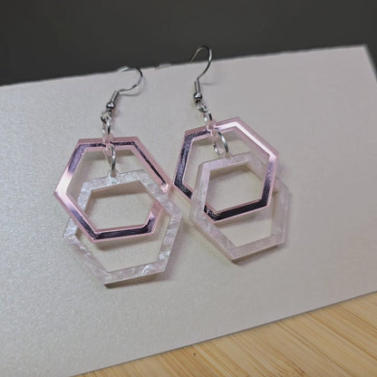 Impossible Hexagon Hoops - Light Pink Pearl Acrylic & Pink Mirror Acrylic Earrings