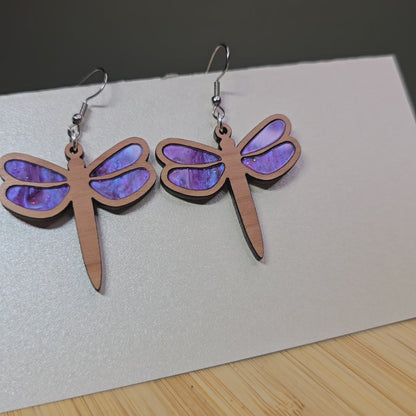 Wood Dragonfly [Purple Pearl Acrylic Inlay] Earrings