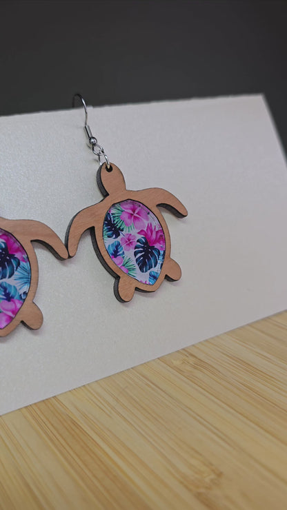 Wood Sea Turtle [Tropical Acrylic Inlay] Earrings