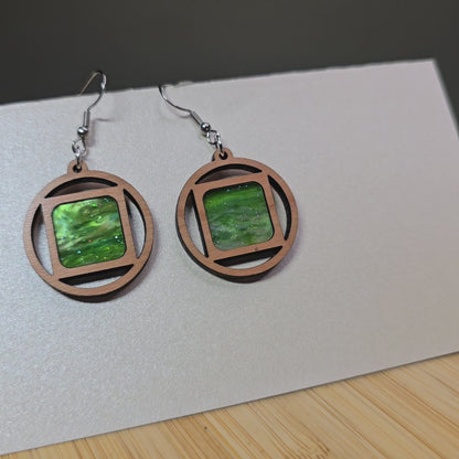 Wood Mirror [Green Pearl Acrylic Acrylic Inlay] Earrings