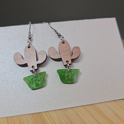 Cactus [Green Pearl Acrylic / Walnut Wood] Earrings