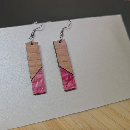 Half Wood Rectangle Ruby Pearl Acrylic Inlay] Earrings