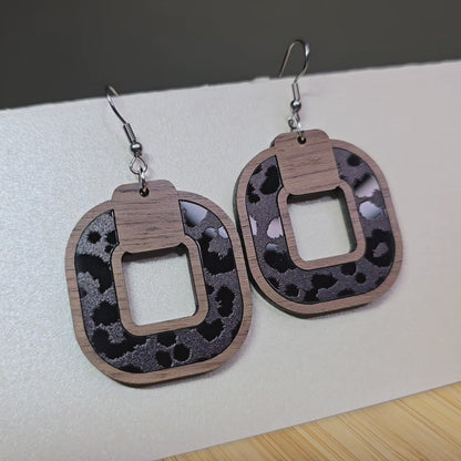 Wood Boho Ring [Black Cheetah Mirror Acrylic Inlay] Earrings