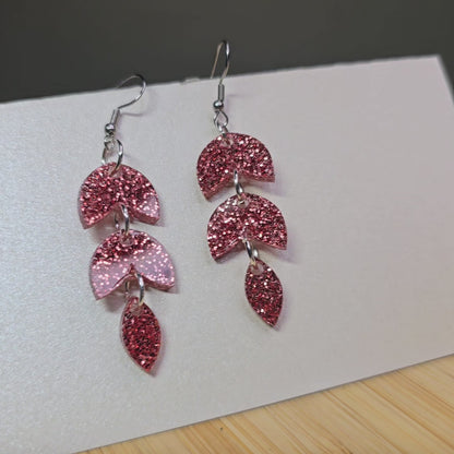 3 Tiered Leaf - Pink Glitter Acrylic Earrings