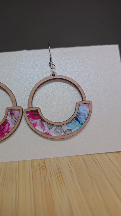 Wood Half Round Boho [Rose Swirl Acrylic Inlay] Earrings