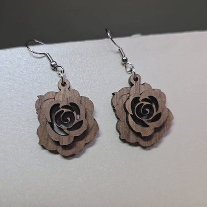 Layered Rose - Walnut Wood Earrings