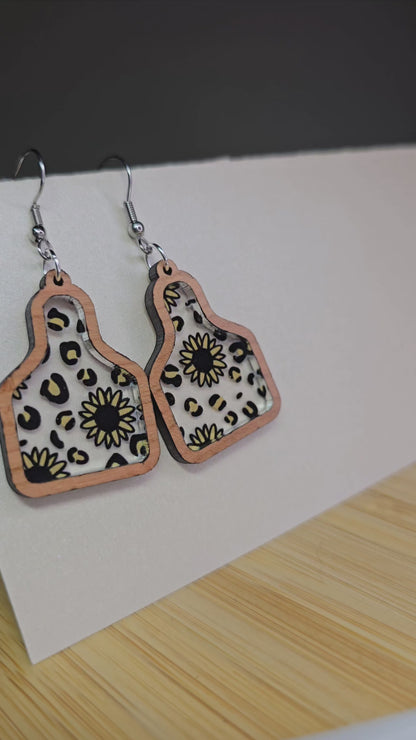 Wood Cow Tag [Cheetah Sunflower Acrylic Inlay] Earrings