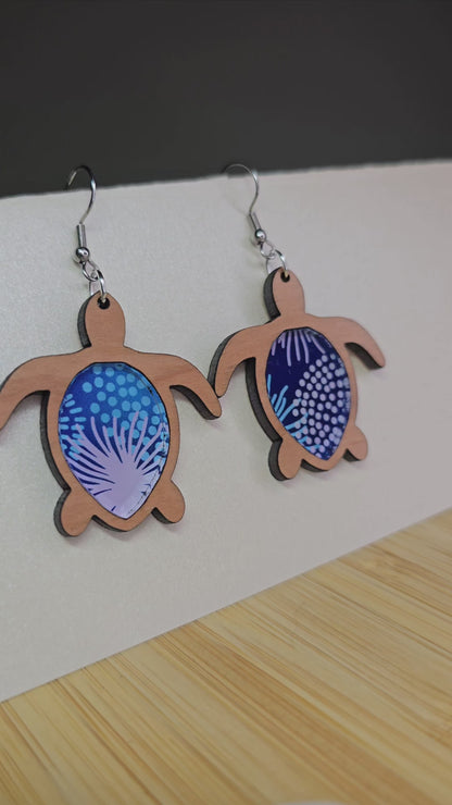 Wood Sea Turtle [Blue Swirl Acrylic Inlay] Earrings