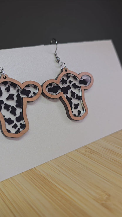 Wood Cow Head [Cow Print Acrylic Inlay] Earrings