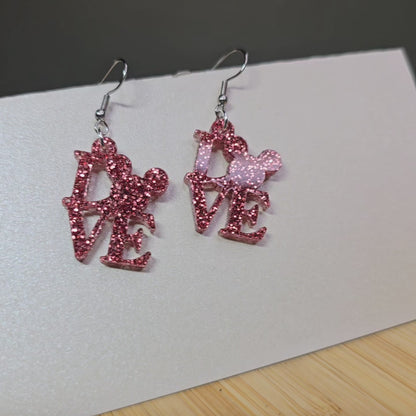 MM Love Pink Glitter Acrylic Earrings