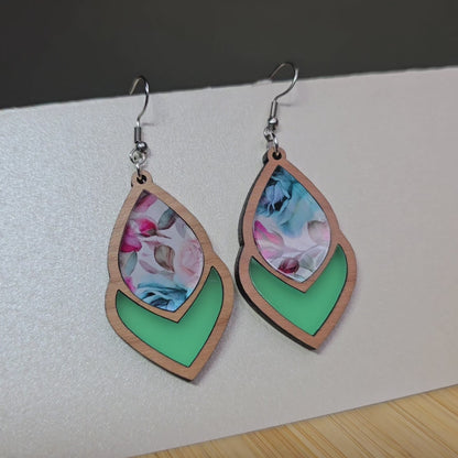 Wood 2 Tiered Tulip Drop [Green Frosted Acrylic, Rose Acrylic Inlay] Earrings