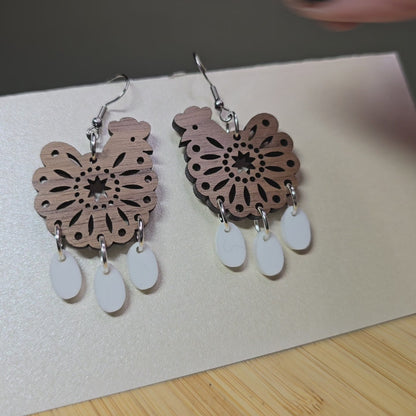 Chicken w/Eggs [Walnut Wood Chicken, White Acrylic Eggs] Acrylic Earrings