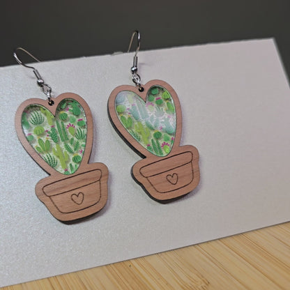 Wood Cactus Heart [Cactus Acrylic Inlay] Earrings