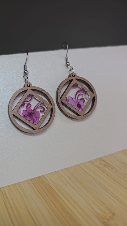 Wood Window [Purple Floral Swirl Acrylic Inlay] Earrings