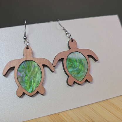 Wood Sea Turtle [Green Pearl Acrylic Inlay] Earrings