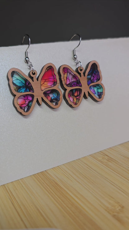 Wood Butterfly [Stain Glass Acrylic Inlay] Earrings