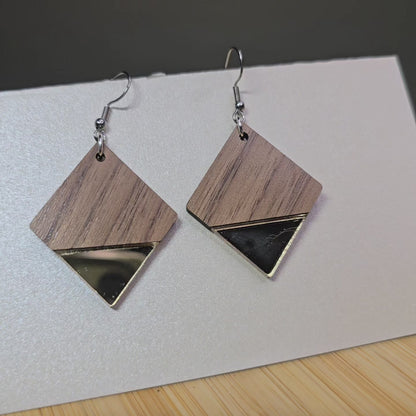 Half Wood Diamond [Gold Mirror Acrylic Inlay] Earrings