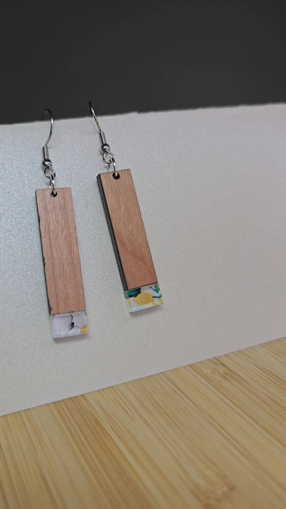 Half Wood Rectangle [Teal Floral Swirl Acrylic Inlay] Earrings