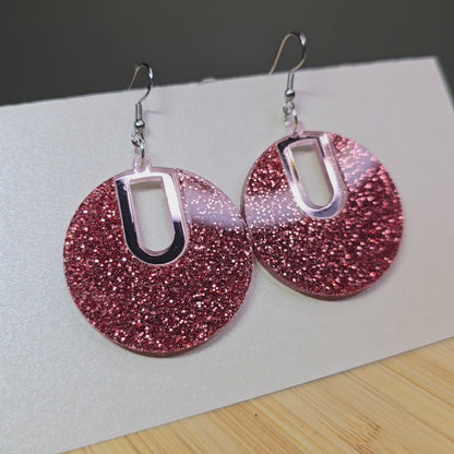 Boho Hoop [Half Pink Mirror / Pink Glitter Acrylic Inlay] Earrings