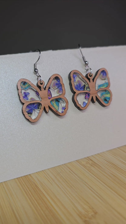 Wood Butterfly [Butterfly Print Acrylic Inlay] Earrings