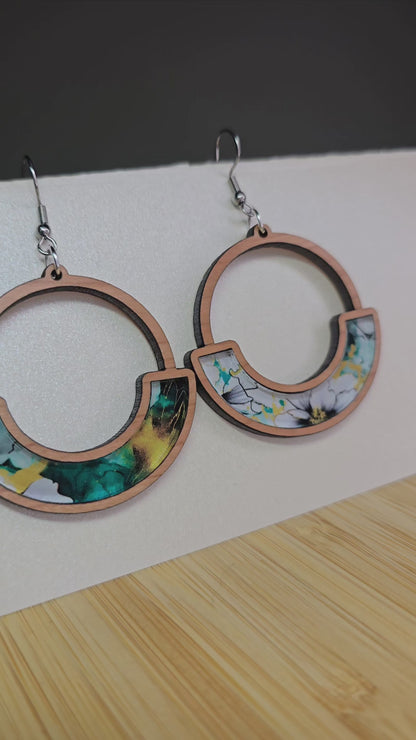 Wood Half Round Boho [Teal Floral Swirl Acrylic Inlay] Earrings